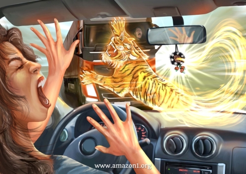 A magical object protects in a car accident 